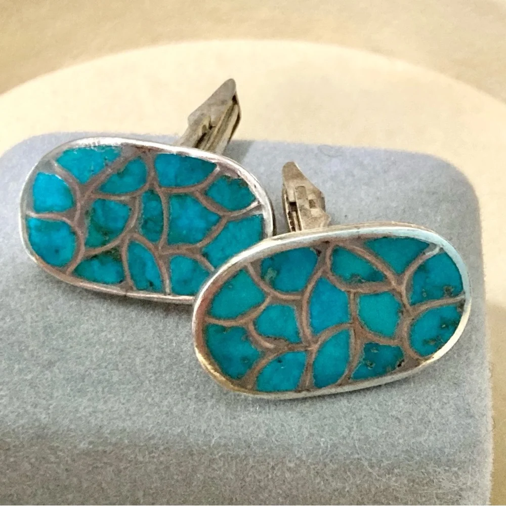 VINTAGE NATIVE AMERICAN ZUNI TURQUOISE INLAY STERLING SILVER CUFFLINKS